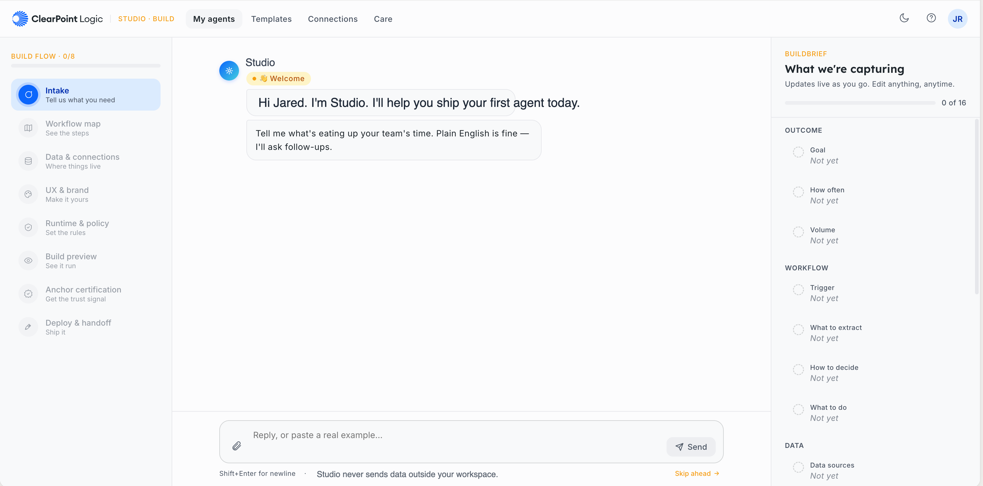 ClearPoint Studio build flow: the Studio assistant walking through an intake step while the BuildBrief panel captures outcome, workflow, and data
